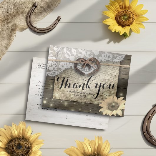 Horseshoe Sunflower Country Wood 結婚's Thank You ポストカード