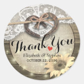 Horseshoe Sunflower Wood Country Wedding Thank You ラウンドシール (正面)