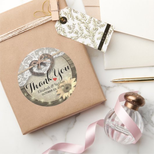Horseshoe Sunflower Wood Country Wedding Thank You ラウンドシール (ギフト)