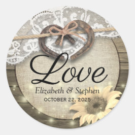 Horseshoe Sunflower Wood Country Wedding Thank You ラウンドシール