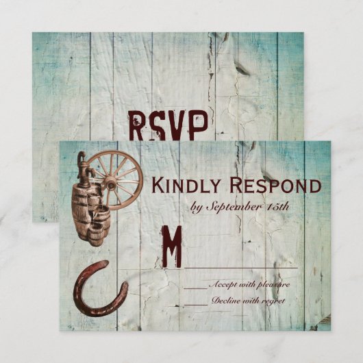 Horseshoe Wagon Wheel Barrel Weding RSVPカード (正面/裏面)