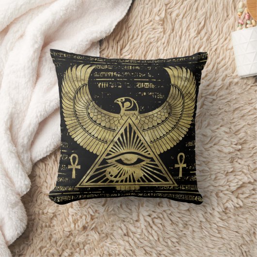 Horus - Wadjetの金ゴールドおよび黒のエジプトの目 クッション