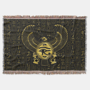 Horus - Wadjetの金ゴールドおよび黒のエジプトの目 スローブランケット