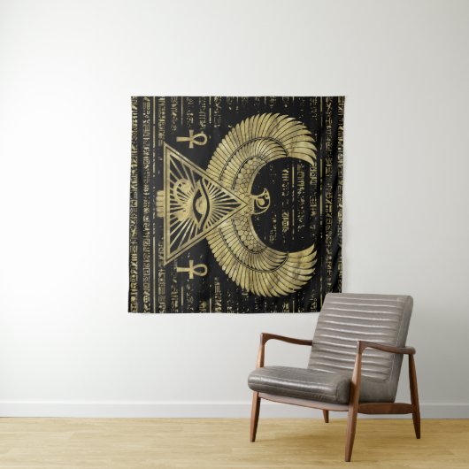 Horus - Wadjetの金ゴールドおよび黒のエジプトの目 タペストリー (インサイチュ(横))