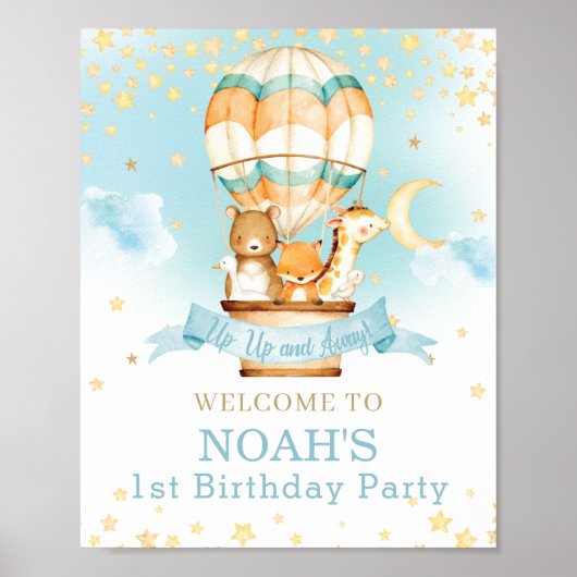 Hot Air Balloon Birthday Cute Animals Welcome ポスター (正面)
