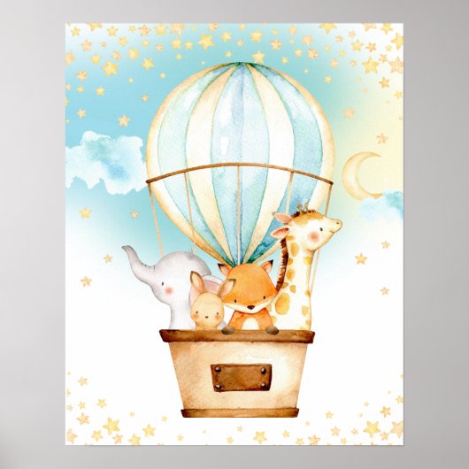 Hot Air Balloon Cute Baby Animals Nursery Wall Art ポスター (正面)