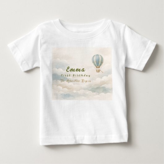 Hot Air Balloon First Birthday Baby T-Shirt ベビーTシャツ (正面)
