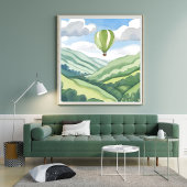 Hot Air Balloon | Green Watercolor Landscape ポスター