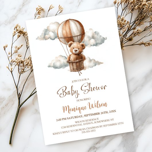 Hot Air Balloon Teddy Bear Baby Shower 招待状