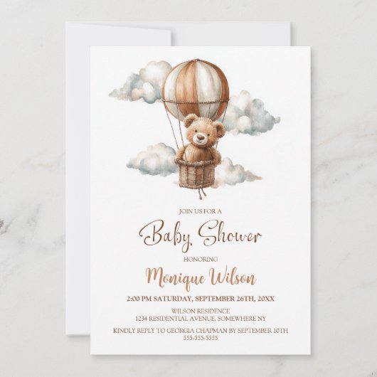 Hot Air Balloon Teddy Bear Baby Shower 招待状 (正面)
