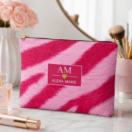 Hot Baby Pink Faux Fur Zebra Stripe Soft Glam アクセサリーポーチ