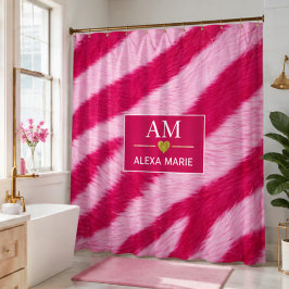 Hot Baby Pink Faux Fur Zebra Stripe Soft Glam シャワーカーテン