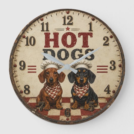 Hot Dogs Dachshund Funny Wiener Dog Kitchen ラージ壁時計 (正面)