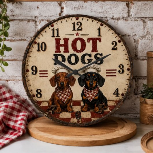 Hot Dogs Dachshund Funny Wiener Dog Kitchen ラージ壁時計
