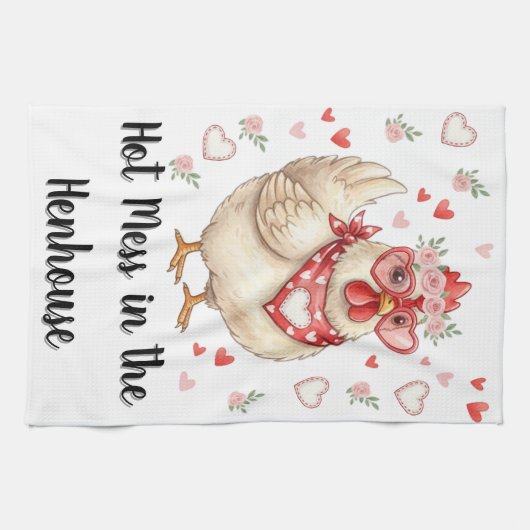 Hot Mess in the Henhouse Valentine Chicken キッチンタオル (横)