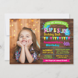 Hot Pinkスリップまたは滑ることの誕生日の夏バッシュの写真をスライド 招待状