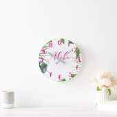 Hot Pink ALOHA Tropical Leaves Botanical ラウンド壁時計 (ホーム)