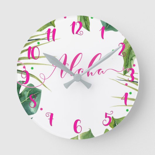 Hot Pink ALOHA Tropical Leaves Botanical ラウンド壁時計 (正面)