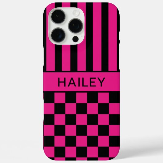 Hot Pink and Black Checkered Striped Personalized Case-Mate iPhoneケース (裏面)