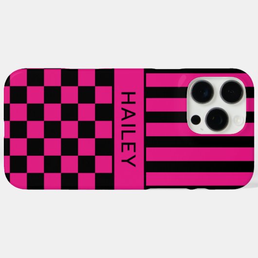 Hot Pink and Black Checkered Striped Personalized Case-Mate iPhoneケース (裏面 (横))