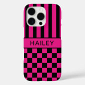 Hot Pink and Black Checkered Striped Personalized Case-Mate iPhoneケース (裏面)