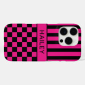 Hot Pink and Black Checkered Striped Personalized Case-Mate iPhoneケース (裏面 (横))