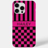 Hot Pink and Black Checkered Striped Personalized Case-Mate iPhoneケース (裏面)