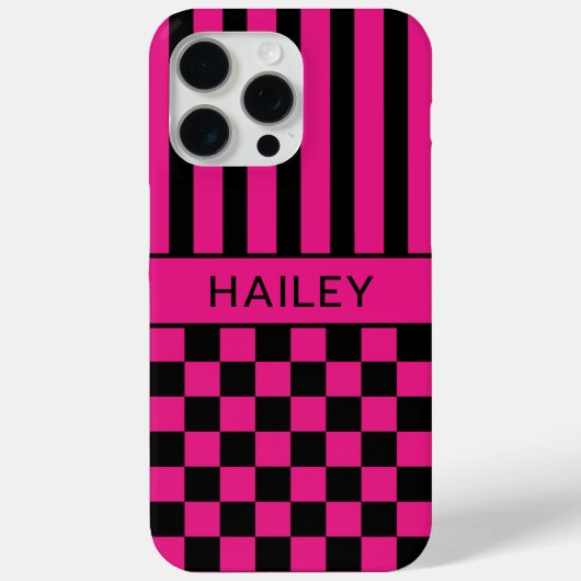 Hot Pink and Black Checkered Striped Personalized Case-Mate iPhoneケース (裏面)