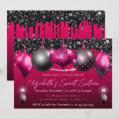 Hot Pink and Black Christmas Ornament Sweet 16 招待状 (正面/裏面)