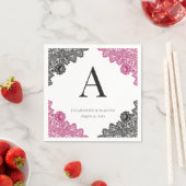 Hot Pink and Black Floral Lace Monogram Wedding スタンダードカクテルナプキン (インサイチュ)