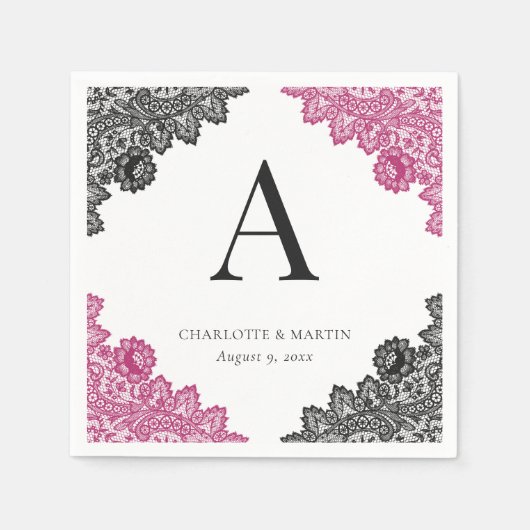 Hot Pink and Black Floral Lace Monogram Wedding スタンダードカクテルナプキン (正面)