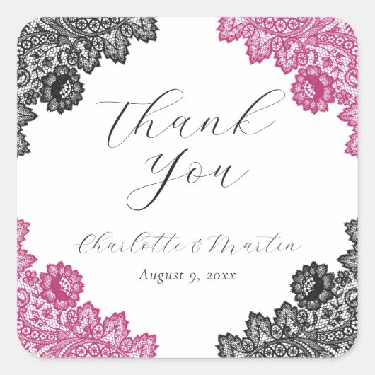 Hot Pink and Black Floral Lace Wedding Thank You スクエアシール (正面)