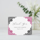 Hot Pink and Black Floral Lace Wedding Thank You ポストカード (スタンド正面)