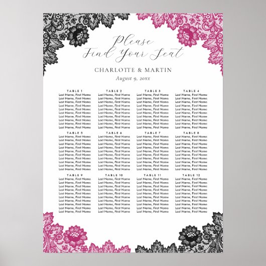 Hot Pink and Black Wedding Seating Chart 12 ポスター (正面)