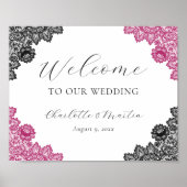 Hot Pink and Black Wedding Welcome Sign ポスター (正面)