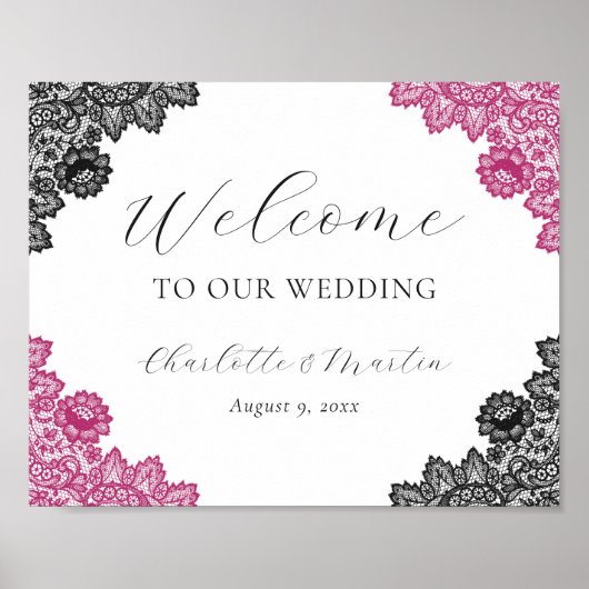 Hot Pink and Black Wedding Welcome Sign ポスター (正面)