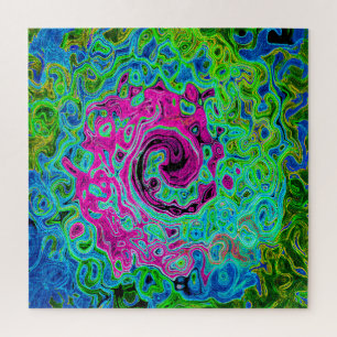 Hot Pink and Blue Groovy Abstract Retro Swirl ジグソーパズル