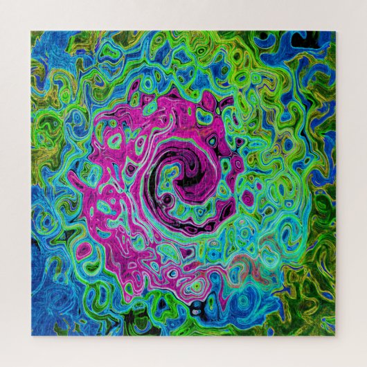 Hot Pink and Blue Groovy Abstract Retro Swirl ジグソーパズル (縦)