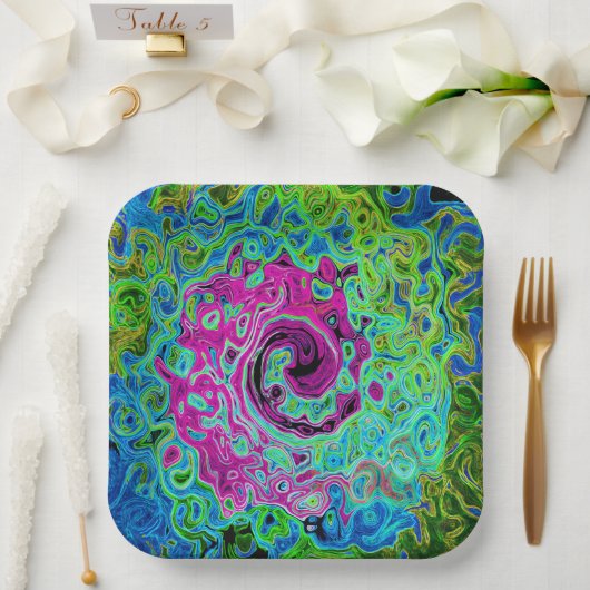 Hot Pink and Blue Groovy Abstract Retro Swirl ペーパープレート (ウェディング)