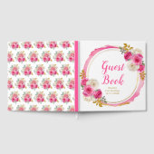 Hot Pink and Gold Elegant Flowers Birthday Party ゲストブック (全面)