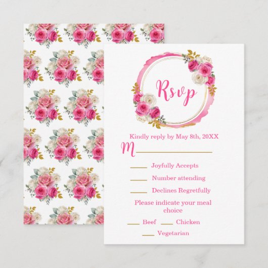 Hot Pink and Gold Elegant Flowers Sweet Sixteen 出欠カード (正面/裏面)