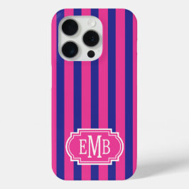 Hot Pink and Navy Blue Monogrammed Stripes iPhone 15 Proケース