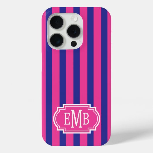 Hot Pink and Navy Blue Monogrammed Stripes Case-Mate iPhoneケース (裏面)