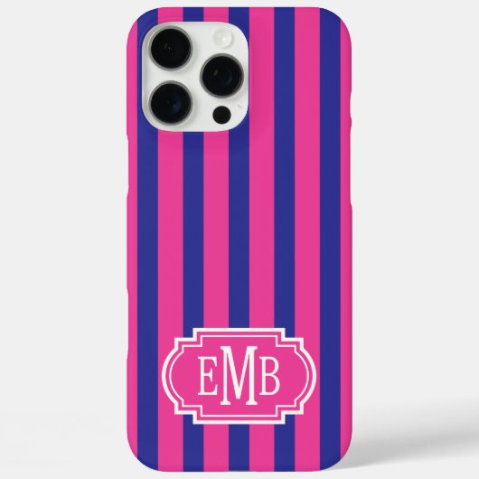 Hot Pink and Navy Blue Monogrammed Stripes Case-Mate iPhoneケース (裏面)