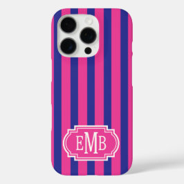 Hot Pink and Navy Blue Monogrammed Stripes iPhone 16 Proケース