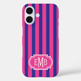 Hot Pink and Navy Blue Monogrammed Stripes iPhone 16ケース