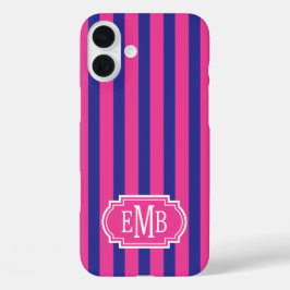 Hot Pink and Navy Blue Monogrammed Stripes iPhone 16 Plusケース