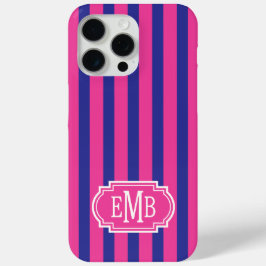 Hot Pink and Navy Blue Monogrammed Stripes iPhone 15 Pro Maxケース