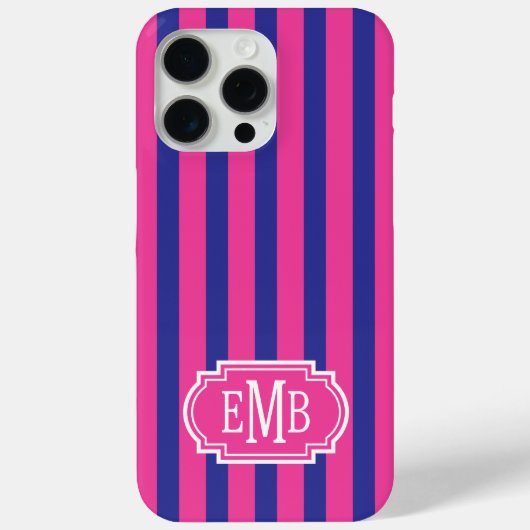 Hot Pink and Navy Blue Monogrammed Stripes Case-Mate iPhoneケース (裏面)