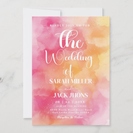  hot Pink and orange Watercolor Wedding Invitation 招待状 (正面)